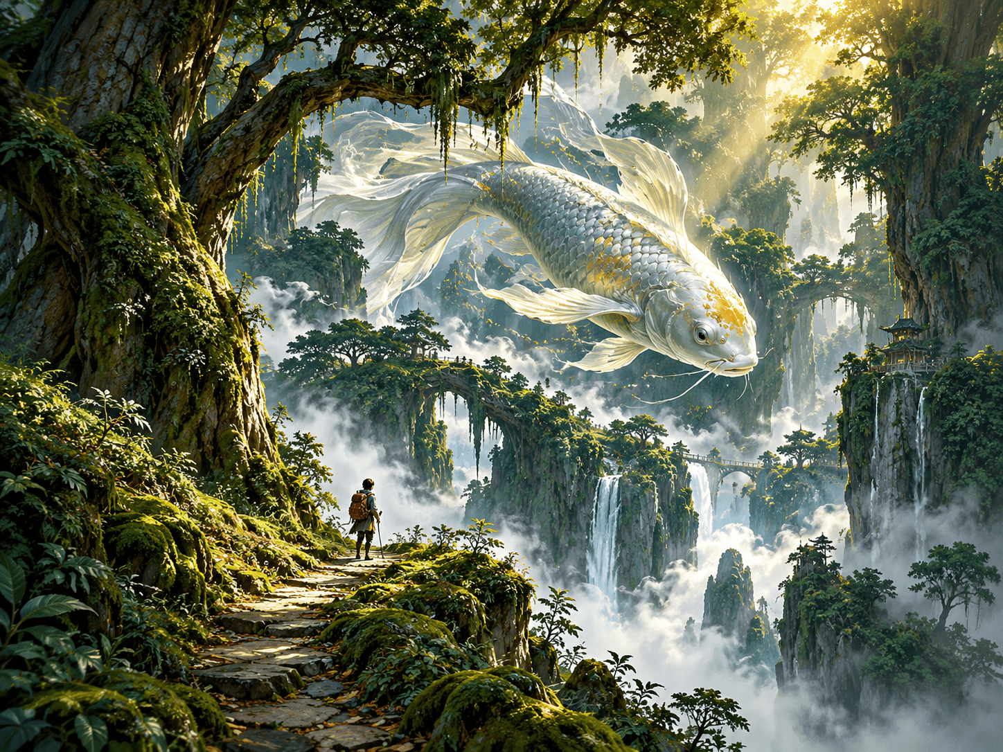 银色巨鱼游弋在森林与瀑布之间，旅人在崖边仰望